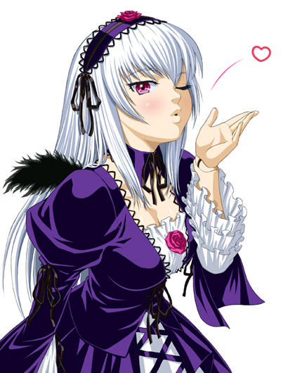 ichikawa masahiro, suigintou, rozen maiden, silver hair, 00s, 1girl, ;o, black wings, blowing kiss, blush, breasts, cleavage, female focus, frilled sleeves, frills, hairband, heart, juliet sleeves, lolita hairband, long sleeves, one eye closed, parted lips, pink eyes, puffy long sleeves, puffy sleeves, solo, upper body, wings