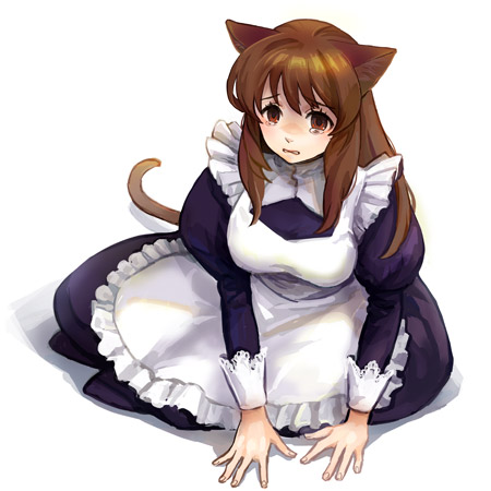 koaki, asahina mikuru, suzumiya haruhi no yuuutsu, lowres, 00s, 1girl, animal ears, brown hair, cat ears, cat tail, female focus, long hair, maid, solo, tail, tears