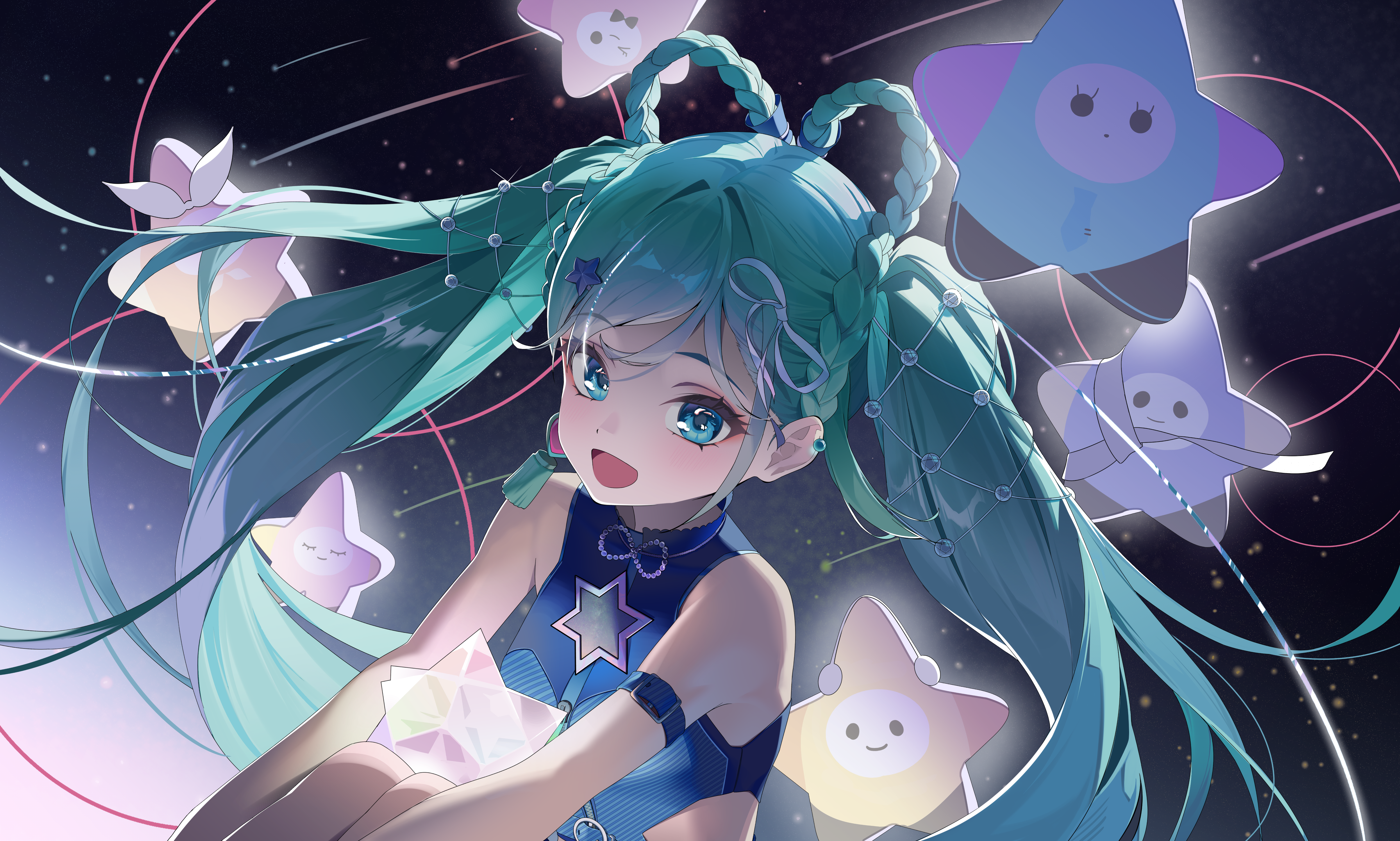 september0405, hatsune miku, magical mirai miku, magical mirai miku (2025), magical mirai (vocaloid), vocaloid, absurdres, highres, 1girl, aqua hair, blue eyes, blue shirt, braid, braided hair rings, crop top, earrings, hair ornament, hair rings, heart, heart earrings, jewelry, long hair, looking at viewer, official alternate costume, official alternate hairstyle, open mouth, shirt, sleeveless, sleeveless shirt, small stellated dodecahedron, smile, solo, star (symbol), star hair ornament, twintails, very long hair