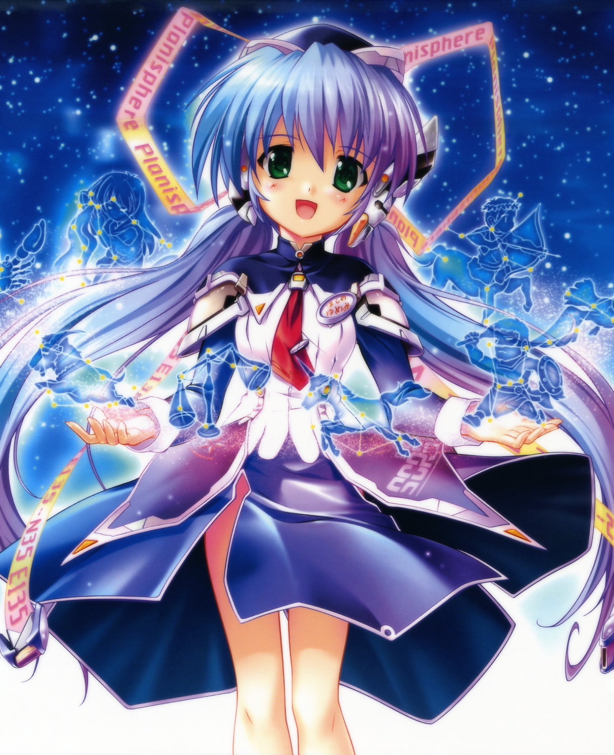 komatsu eiji, hoshino yumemi, planetarian, screencap, highres, official art, 00s, 1girl, aquarius (constellation), blue hair, capricorn (constellation), constellation, female focus, green eyes, libra (constellation), looking at viewer, necktie, outstretched arms, sagittarius (constellation), solo