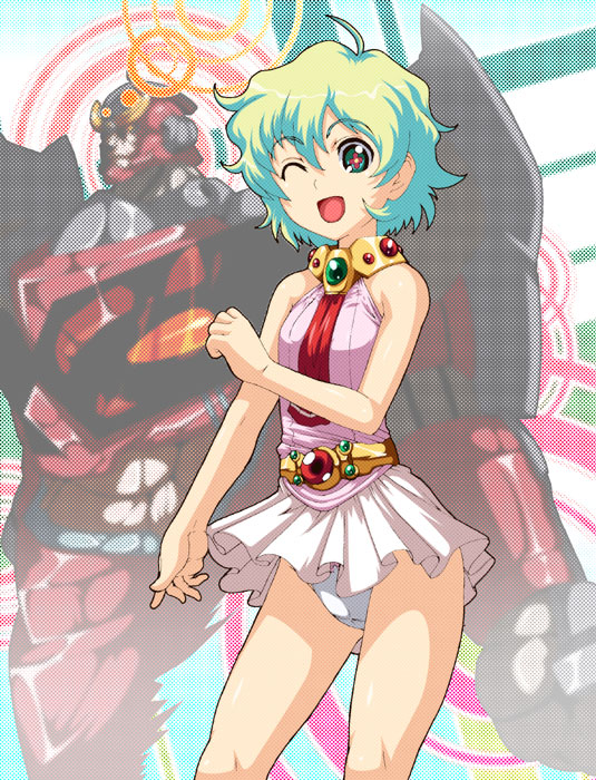 caryo, tabigarasu, nia teppelin, tengen toppa gurren lagann, + +, 00s, 1girl, ;d, bare shoulders, belt, blonde hair, blue eyes, blue hair, blush, brooch, collar, contrapposto, cross-shaped pupils, dress, female focus, gem, green gemstone, jewelry, machinery, matching hair/eyes, mecha, one eye closed, open mouth, panties, pantyshot, pink dress, robot, short hair, sleeveless, sleeveless dress, smile, solo, standing, symbol-shaped pupils, underwear, upskirt, white panties