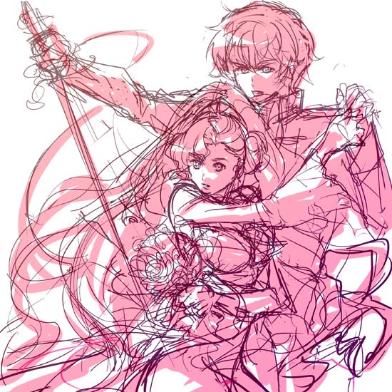 euphemia li britannia, kururugi suzaku, code geass, 00s, 1boy, 1girl, cowboy shot, detached sleeves, dress, hetero, holding, holding sword, holding weapon, hug, long hair, long sleeves, monochrome, outstretched arms, pink theme, simple background, sword, unsheathed, very long hair, weapon, white background