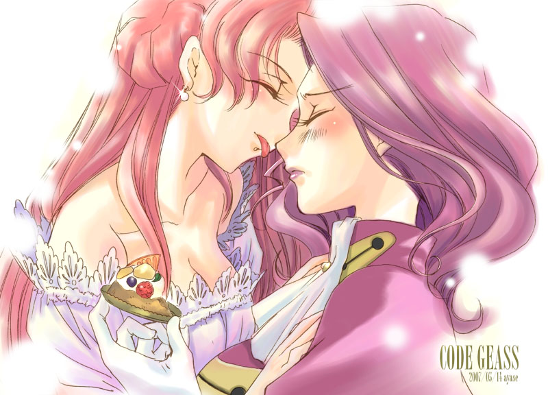 kacka, cornelia li britannia, euphemia li britannia, code geass, uniform, 00s, 2girls, blush, breasts, cleavage, closed eyes, dress, food, gloves, incest, lips, long hair, multiple girls, pink hair, purple hair, siblings, sisters, tongue, yuri