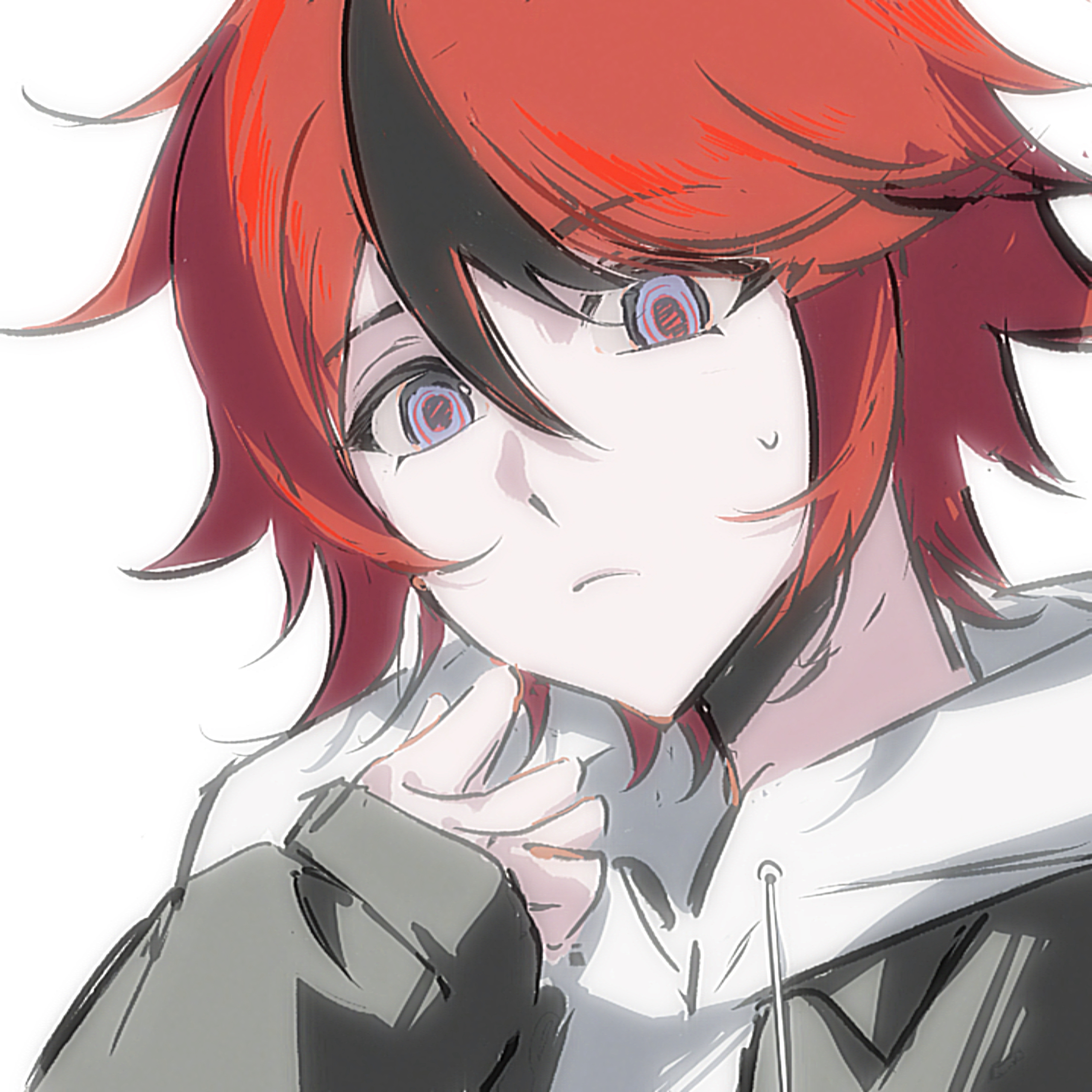 sumino takumi, the hundred line -last defense academy-, absurdres, highres, 1boy, black hair, blue eyes, closed mouth, drawstring, grey jacket, hair between eyes, hand up, hood, hood down, hoodie, jacket, jacket over hoodie, long sleeves, male focus, multicolored hair, open clothes, open jacket, red hair, short hair, simple background, sleeves past wrists, solo, streaked hair, sweat, tangshuiqin, two-tone hair, white background, white hoodie