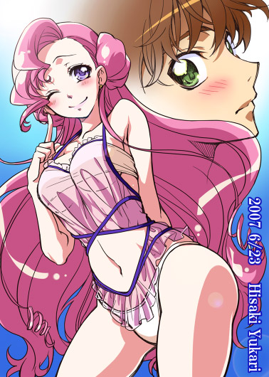 hisaki yukari, euphemia li britannia, kururugi suzaku, code geass, 00s, 1boy, 1girl, ;), blush, bra, brown hair, chemise, contrapposto, green eyes, lingerie, long hair, looking at viewer, navel, one eye closed, panties, pink hair, profile, purple eyes, see-through clothes, smile, standing, stomach, surprised, underwear, very long hair, white bra, white panties, wide-eyed