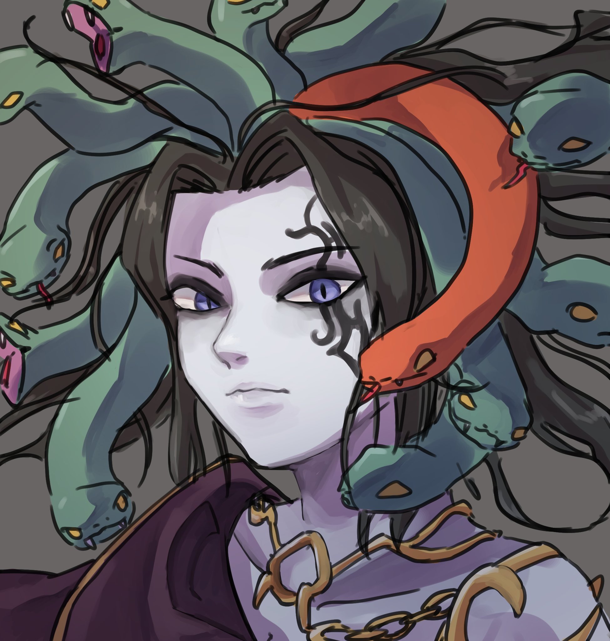 medusa (kid icarus), kid icarus, kid icarus uprising, nintendo, highres, 1girl, azcbcd, black eyeshadow, black hair, blue eyes, colored skin, eyeshadow, facial mark, fangs, forked tongue, grey background, grey skin, looking at viewer, makeup, snake hair, solo, tongue, upper body