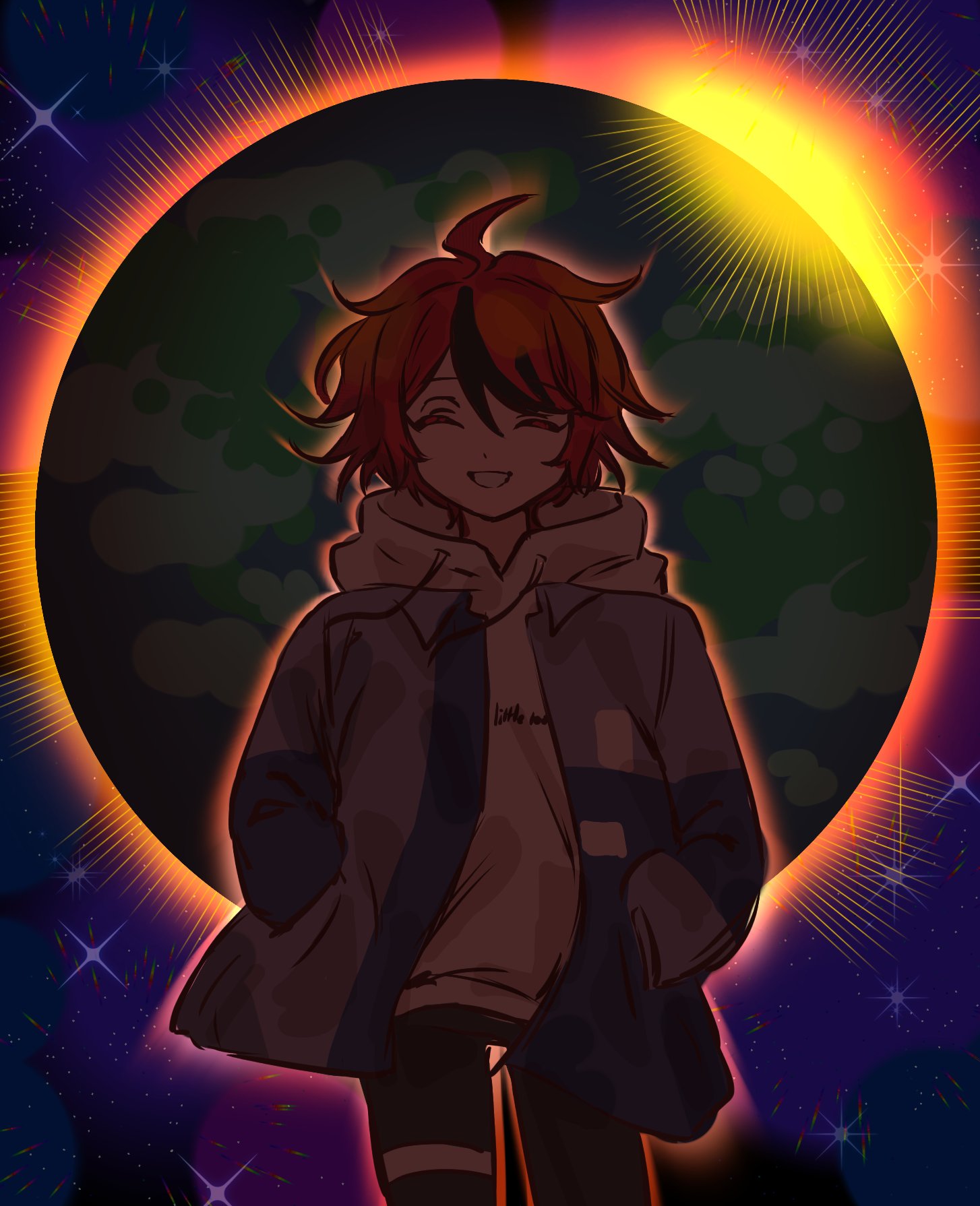 sumino takumi, the hundred line -last defense academy-, commentary, english commentary, highres, 1boy, ^ ^, ahoge, black hair, black pants, blue jacket, closed eyes, cowboy shot, drawstring, earth (planet), facing viewer, floresnowy, grey jacket, grin, hair between eyes, hands in pockets, hood, hood down, hoodie, jacket, jacket over hoodie, long sleeves, male focus, multicolored hair, multicolored jacket, open clothes, open jacket, pants, planet, red hair, short hair, smile, solo, star (sky), streaked hair, thigh strap, two-tone hair, two-tone jacket, white hoodie