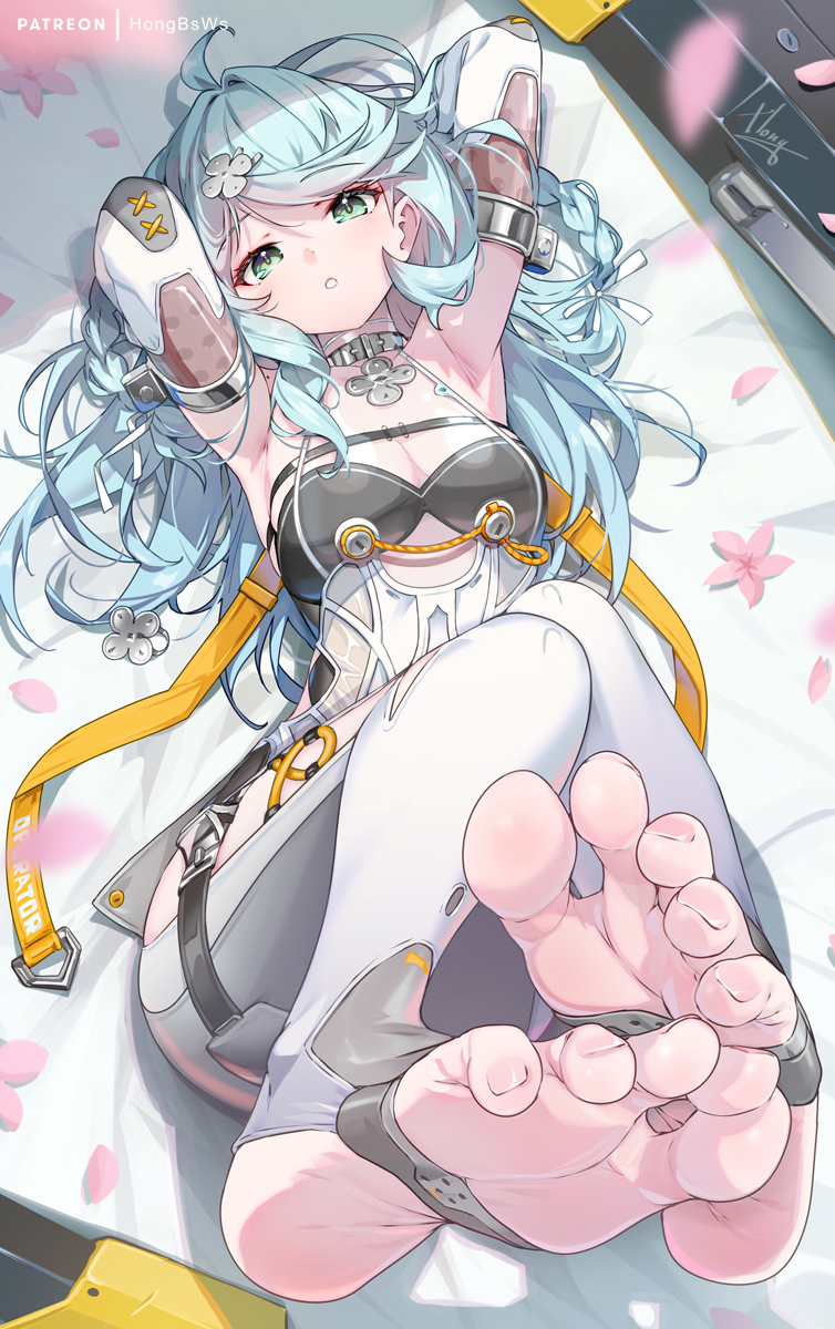 hong (white spider), seed (zenless zone zero), zenless zone zero, commentary request, highres, variant set, 1girl, armpits, arms behind head, arms up, bare shoulders, blue eyes, blue hair, blush, braid, braided ponytail, breasts, collar, dress, elbow gloves, feet, flower, gloves, hair ornament, leg up, long hair, looking at viewer, lying, medium breasts, on back, pantyhose, parted lips, petals, see-through cleavage, see-through clothes, short dress, side slit, soles, solo, swept bangs, toes, white dress, white gloves, white pantyhose