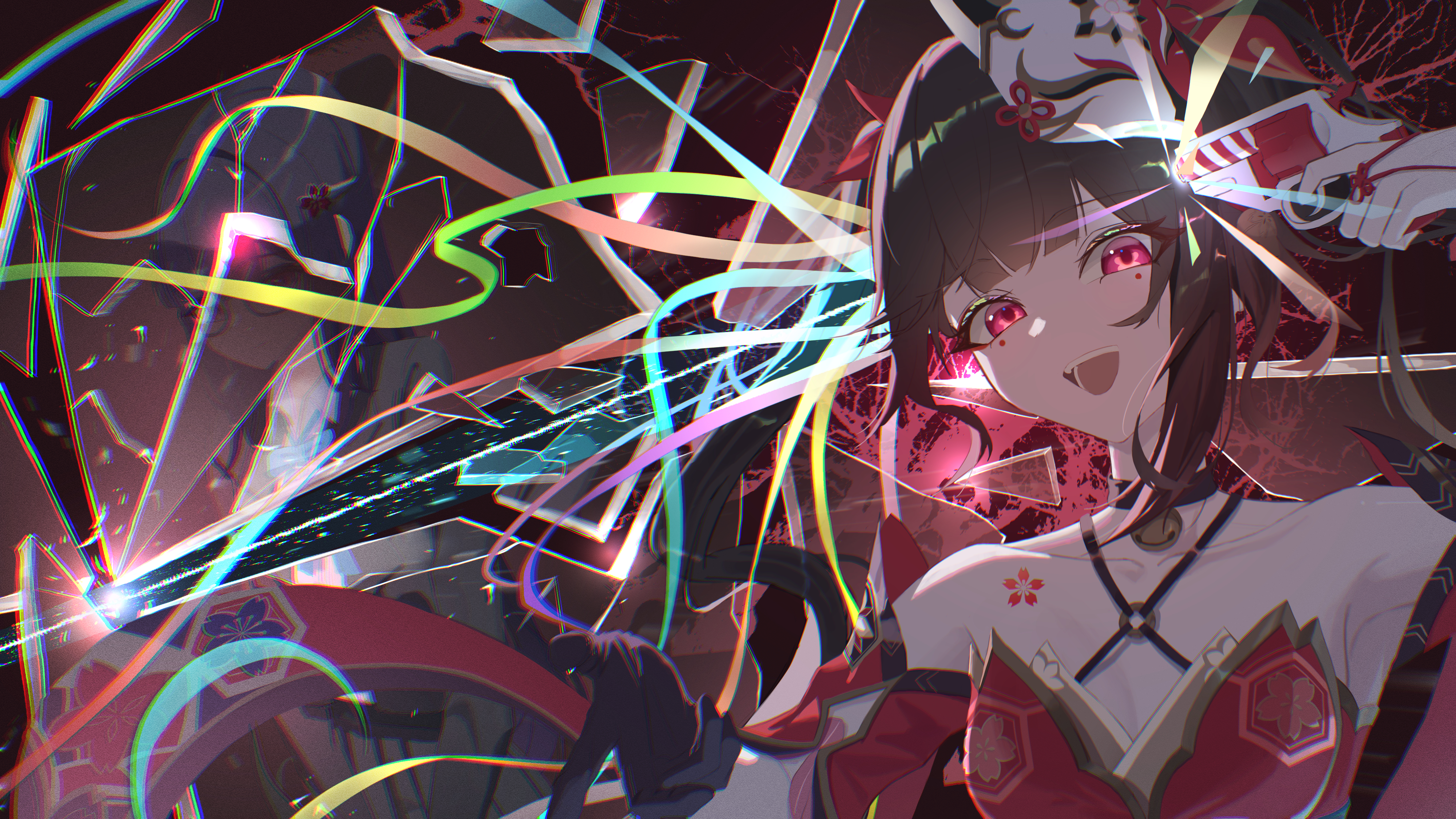 ikou (18 ikou), sparkle (honkai: star rail), sparkle (school uniform) (honkai: star rail), honkai: star rail, honkai (series), absurdres, commentary, highres, 1girl, :d, bare shoulders, bell, black choker, black gloves, breasts, broken glass, choker, cleavage, criss-cross halter, detached sleeves, flower tattoo, fox mask, glass, gloves, gun to head, halterneck, long hair, looking at viewer, mark under both eyes, mask, mask on head, neck bell, o-ring, o-ring top, open mouth, red eyes, red sleeves, single glove, smile, solo, tattoo, twintails, upper body