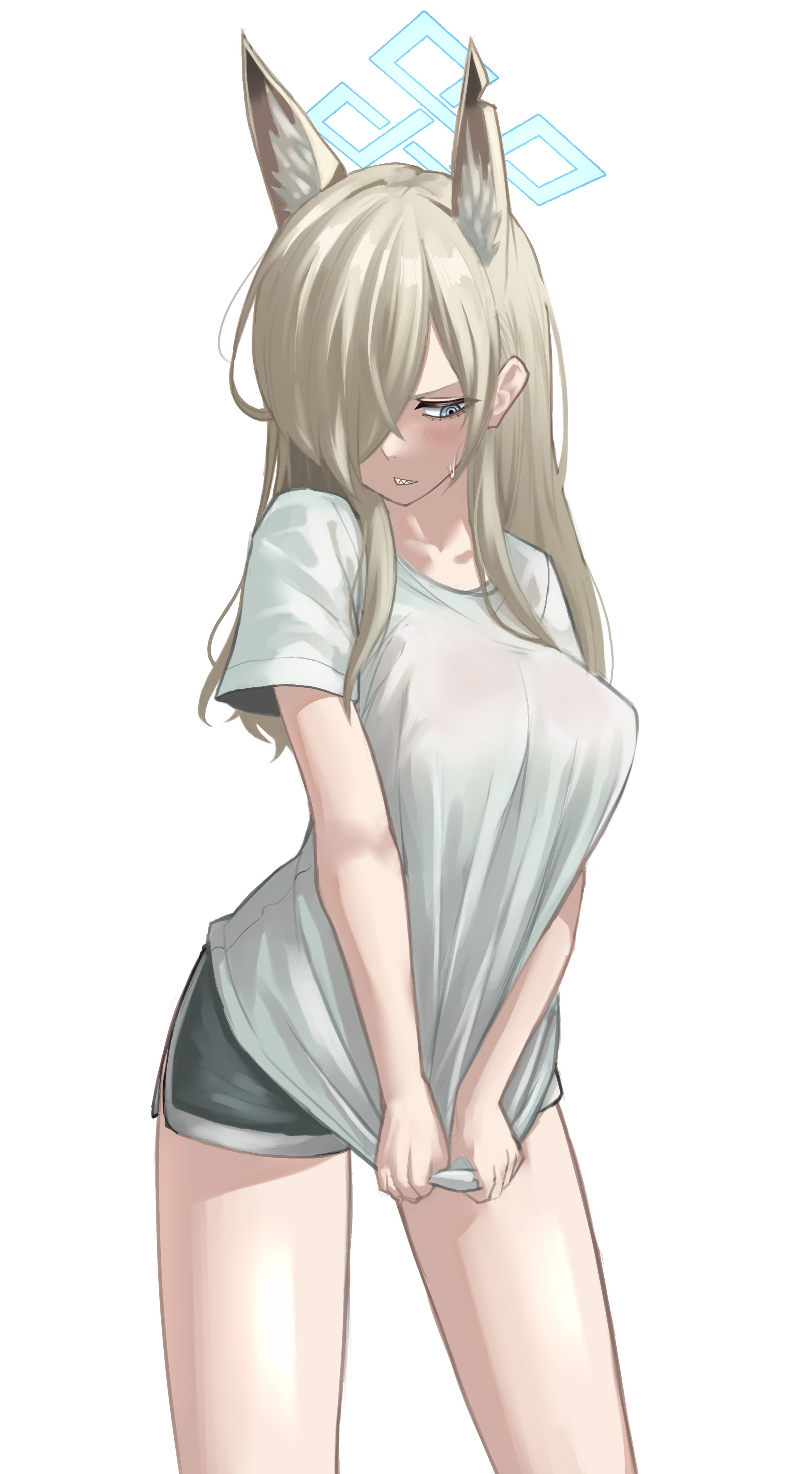 kanna (blue archive), blue archive, absurdres, highres, 1girl, animal ear fluff, animal ears, black shorts, blonde hair, blue eyes, blue halo, breasts, clothes pull, dog ears, dog girl, dolphin shorts, hair over one eye, halo, long hair, milnoahmilk, sharp teeth, shirt, shirt pull, short shorts, shorts, teeth, white shirt