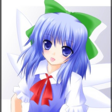 shirotsuki kouta, cirno, shoot the bullet, touhou, lowres, 1girl, :p, alternate hairstyle, blue dress, blue eyes, blue hair, blush, bow, dress, female focus, hair bow, long hair, matching hair/eyes, ribbon, solo, tongue, tongue out, wings