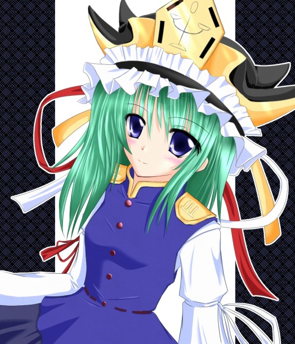 shirotsuki kouta, shiki eiki, touhou, eyebrows, 1girl, blue eyes, blush, female focus, green hair, hat, hat ribbon, long sleeves, looking at viewer, ribbon, smile, solo, vest