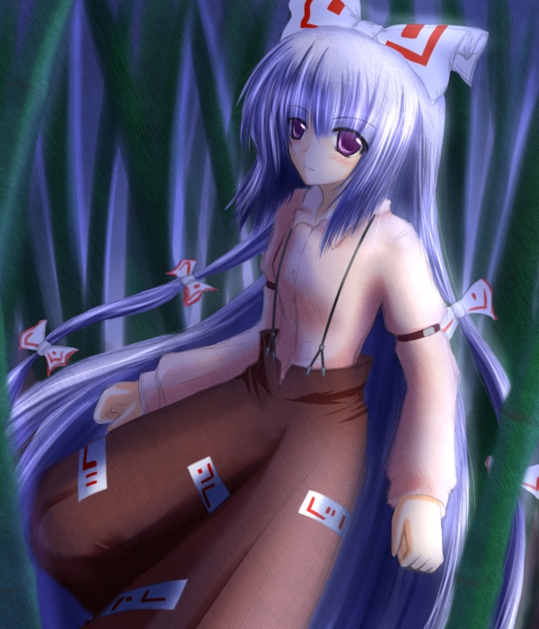 shirotsuki kouta, fujiwara no mokou, touhou, silver hair, 1girl, bamboo, blush, bow, female focus, hair bow, hair ribbon, long hair, long sleeves, looking at viewer, multiple hair bows, pants, purple eyes, ribbon, shirt, solo, suspenders, very long hair