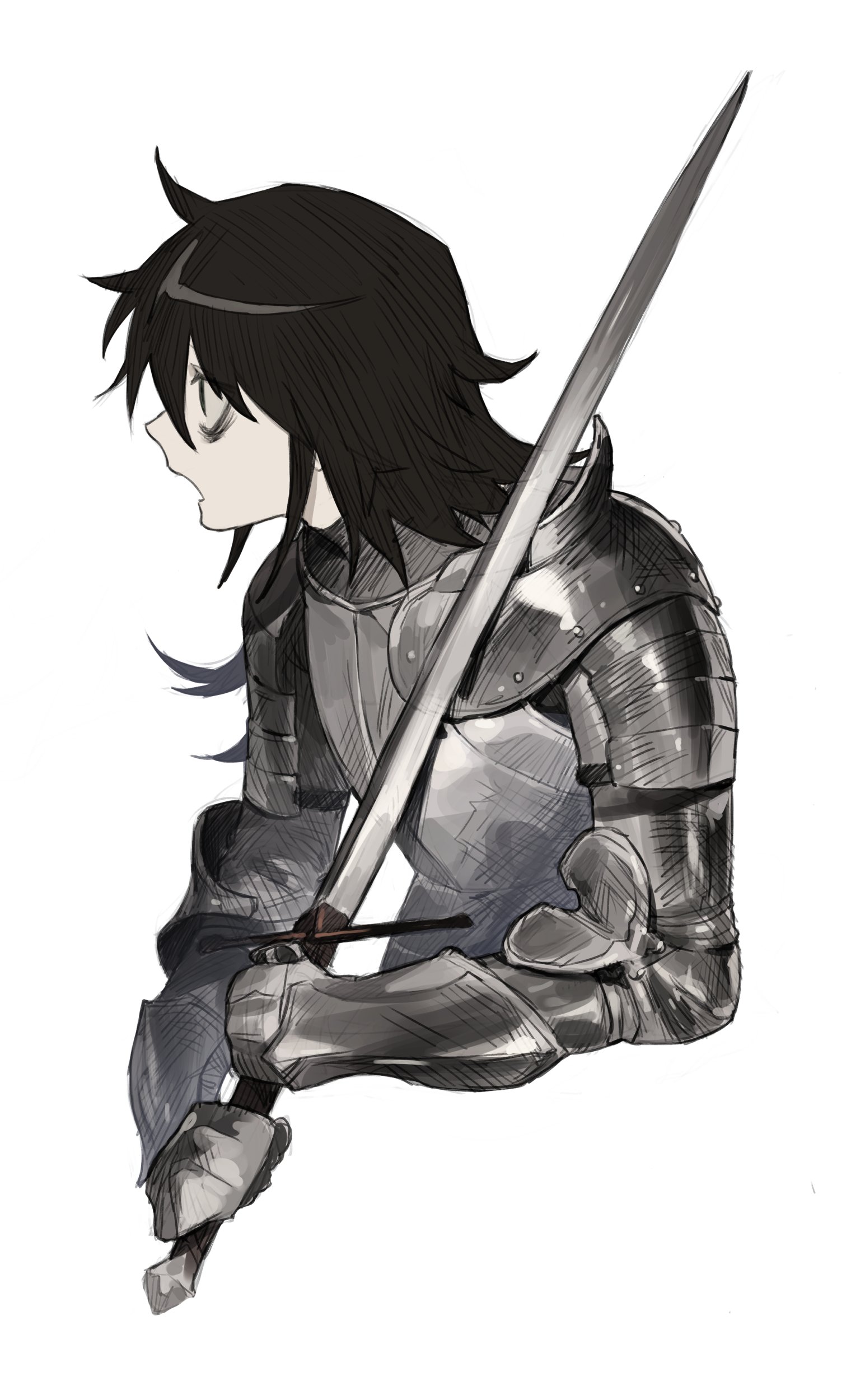 p (pm 611a), kuroki tomoko, watashi ga motenai no wa dou kangaetemo omaera ga warui!, absurdres, highres, 1girl, armor, bags under eyes, black hair, gauntlets, holding, holding sword, holding weapon, looking to the side, medium hair, open mouth, pauldrons, plate armor, shoulder armor, simple background, single pauldron, solo, sword, weapon, white background