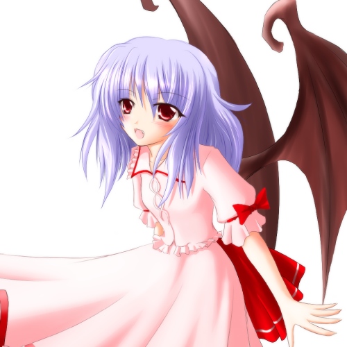 shirotsuki kouta, remilia scarlet, touhou, light purple hair, lowres, 1girl, bat wings, blush, fang, female focus, long hair, no headwear, red eyes, solo, wings