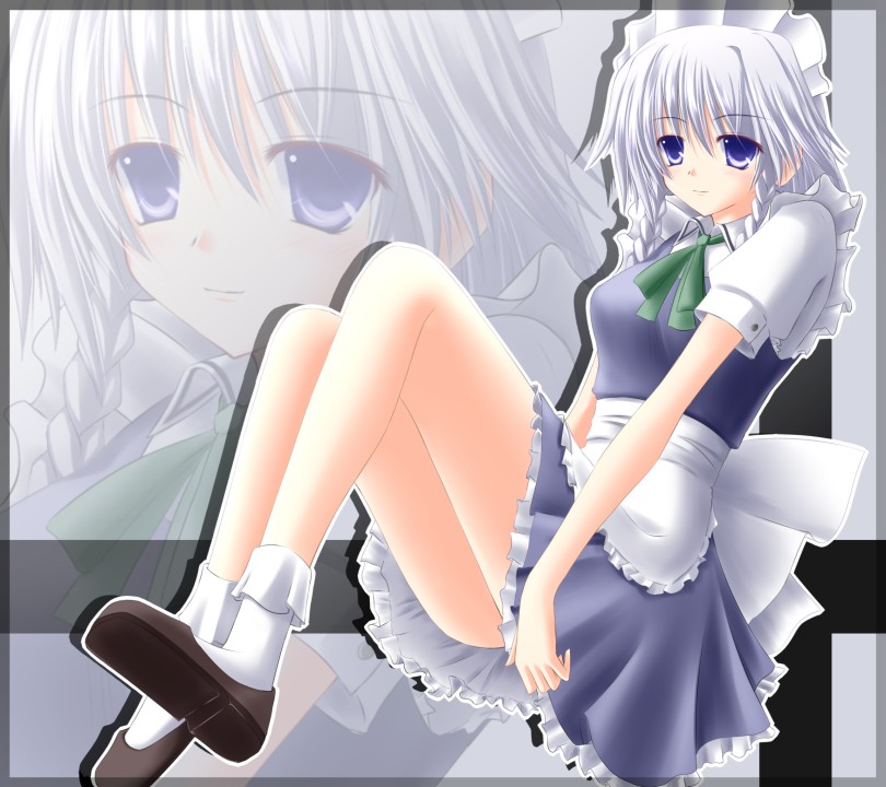 shirotsuki kouta, izayoi sakuya, touhou, silver hair, 1girl, braid, brown shoes, female focus, shoes, short hair, solo, twin braids