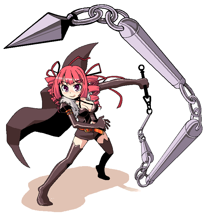 minami juujisei, dark hunter, dark hunter (sekaiju), dark hunter 4, atlus, etrian odyssey, 1girl, black gloves, black thighhighs, brown skirt, chain, elbow gloves, female focus, fighting stance, foreshortening, gloves, holding, holding nunchaku, holding weapon, looking at viewer, miniskirt, nunchaku, pink hair, red eyes, short hair, skirt, solo, spikes, standing, thighhighs, weapon, zettai ryouiki