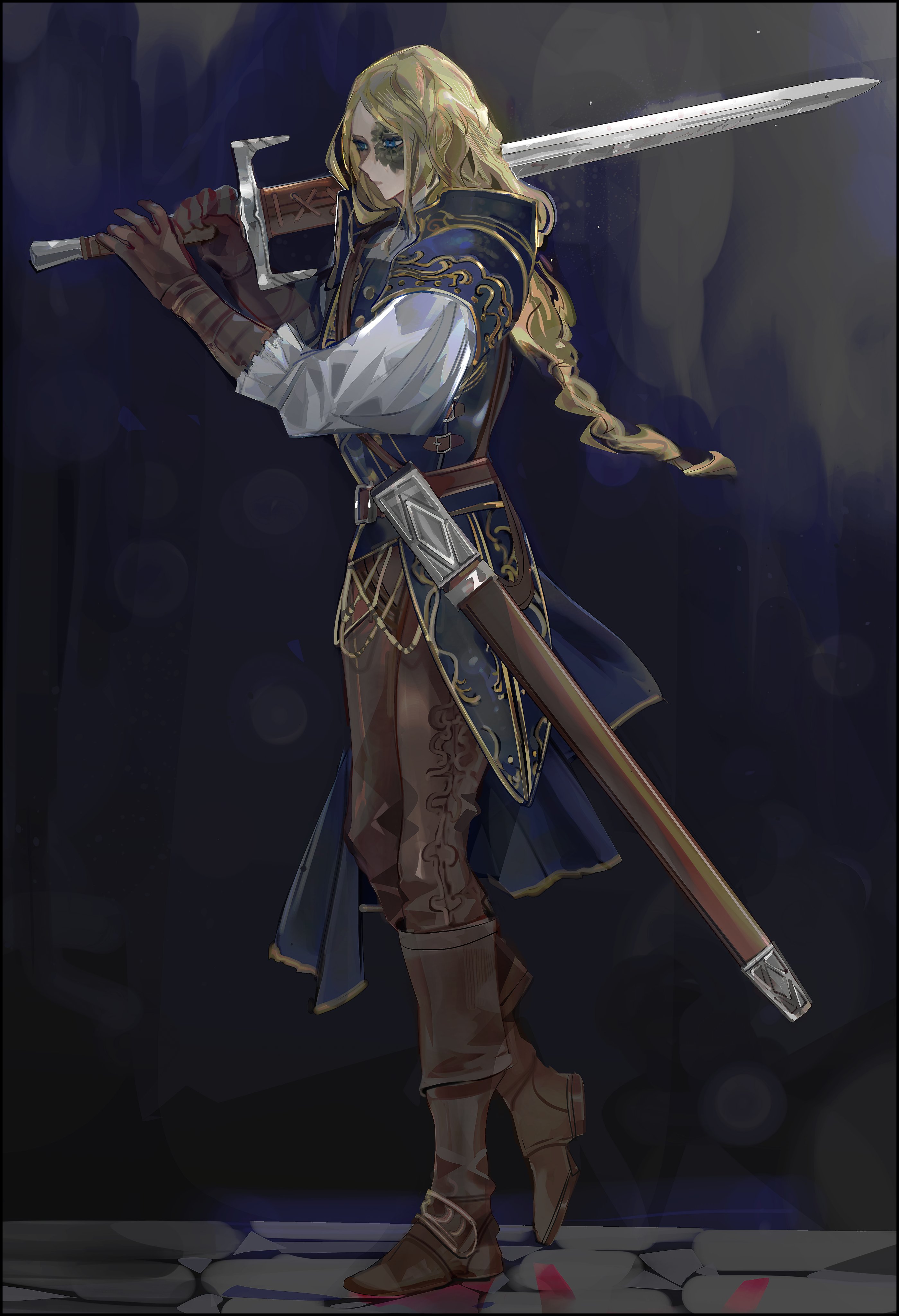 nslacka, lucatiel of mirrah, dark souls (series), dark souls ii, absurdres, commentary, english commentary, highres, 1girl, blonde hair, blue eyes, boots, braid, brown boots, brown gloves, brown pants, burn scar, gloves, greatsword, holding, holding sword, holding weapon, long hair, pants, scar, scar on face, sheath, solo, sword, weapon