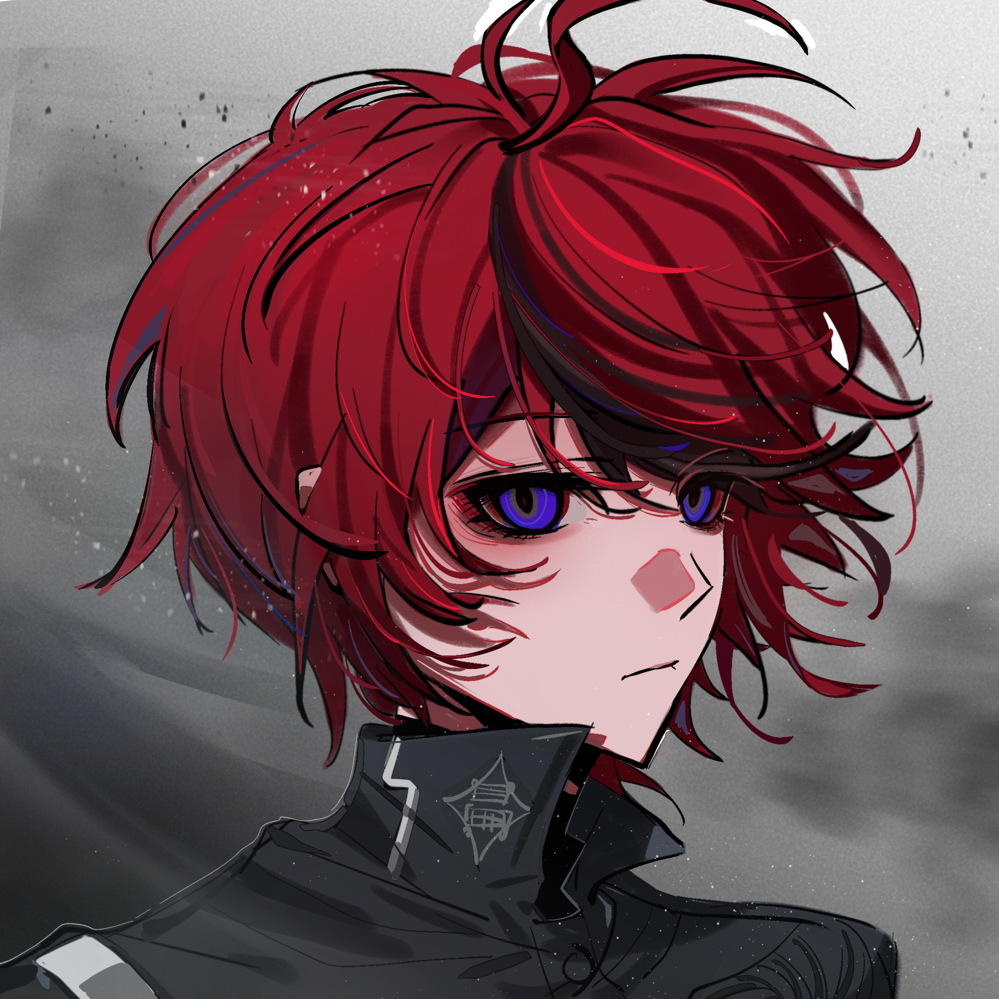 sumino takumi, the hundred line -last defense academy-, chinese commentary, commentary request, highres, variant set, 1boy, :/, black hair, black jacket, blue eyes, buttons, closed mouth, eyeliner, grey background, hair between eyes, jacket, last defense academy school uniform, light particles, makeup, male focus, multicolored hair, open collar, portrait, red eyeliner, red hair, school uniform, short hair, solo, streaked hair, suimeng08470, two-tone hair