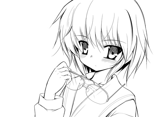 akahito, nagato yuki, suzumiya haruhi no yuuutsu, lowres, 00s, glasses, greyscale, monochrome, solo