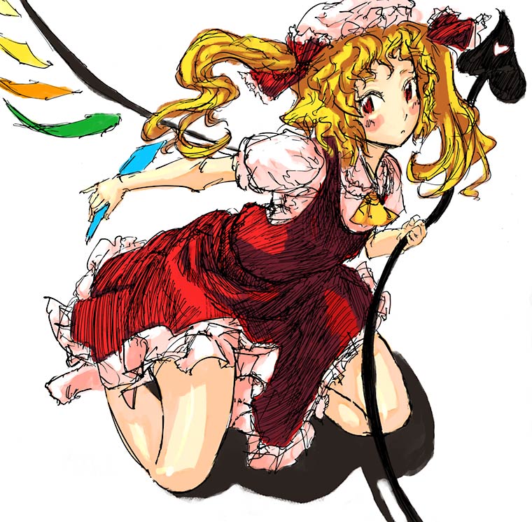 binayu, flandre scarlet, touhou, 1girl, :<, ascot, blonde hair, blush, female focus, full body, hat, kneeling, laevatein, looking at viewer, mob cap, red eyes, red skirt, short sleeves, side ponytail, simple background, sketch, skirt, skirt set, socks, solo, vest, white background, white socks, wings