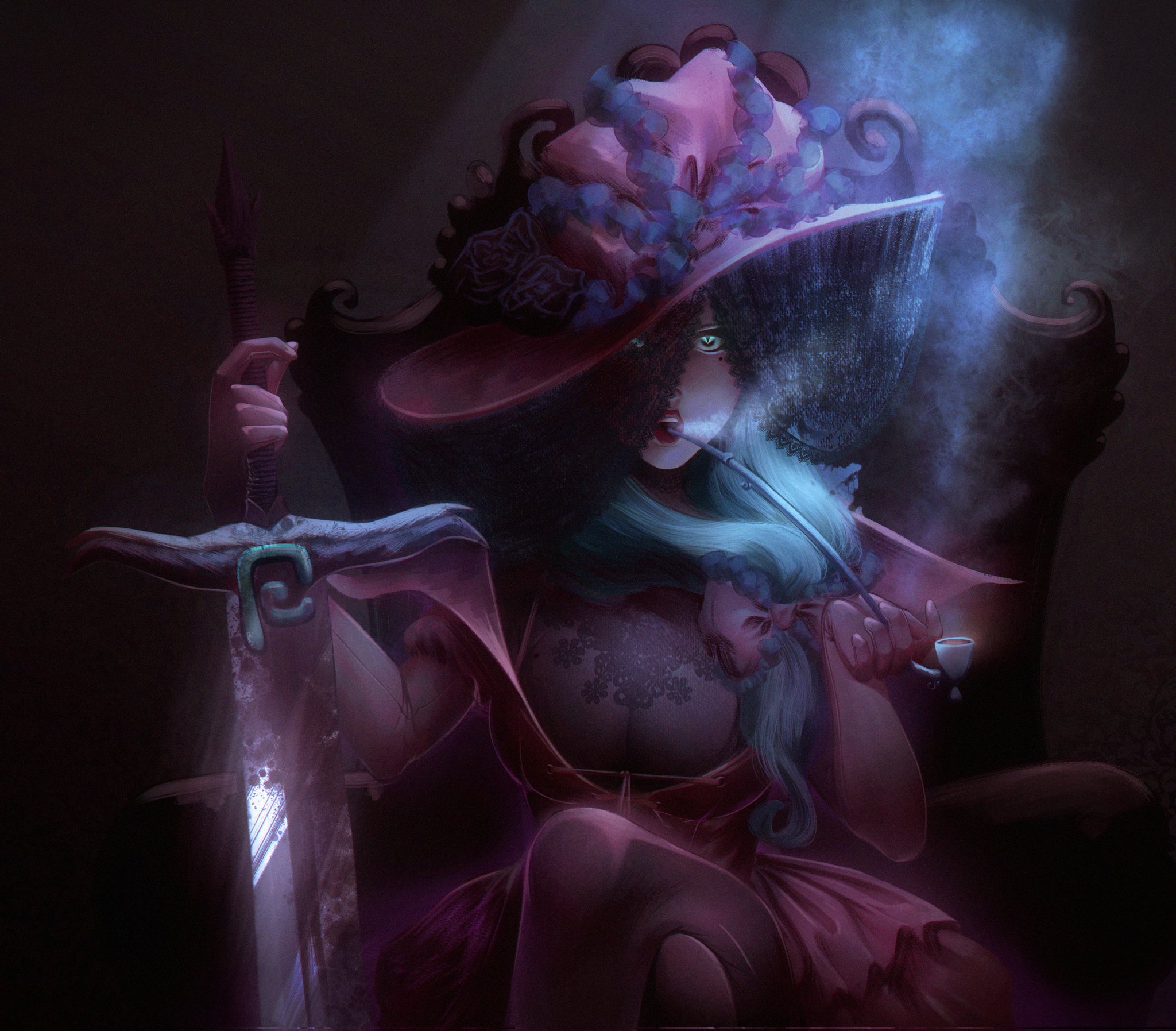 klabisot, kagiyama hina, touhou, highres, 1girl, adapted costume, alternate costume, armchair, black gloves, black pantyhose, black veil, blood, bow, breasts, chair, cleavage, cleavage cutout, clothing cutout, crossed legs, dark background, dress, dried blood, flower, frilled hat, frills, front ponytail, glint, gloves, green eyes, green hair, hat, holding, holding smoking pipe, holding sword, holding weapon, lace, light rays, long sword, looking at viewer, mole, on chair, one eye covered, open mouth, pantyhose, puffy short sleeves, puffy sleeves, red bow, red dress, red hat, red lips, rose, see-through cleavage, see-through clothes, short sleeves, sitting, smoke, smoking, smoking pipe, solo, sword, teeth, upper teeth only, veil, weapon, wide brim