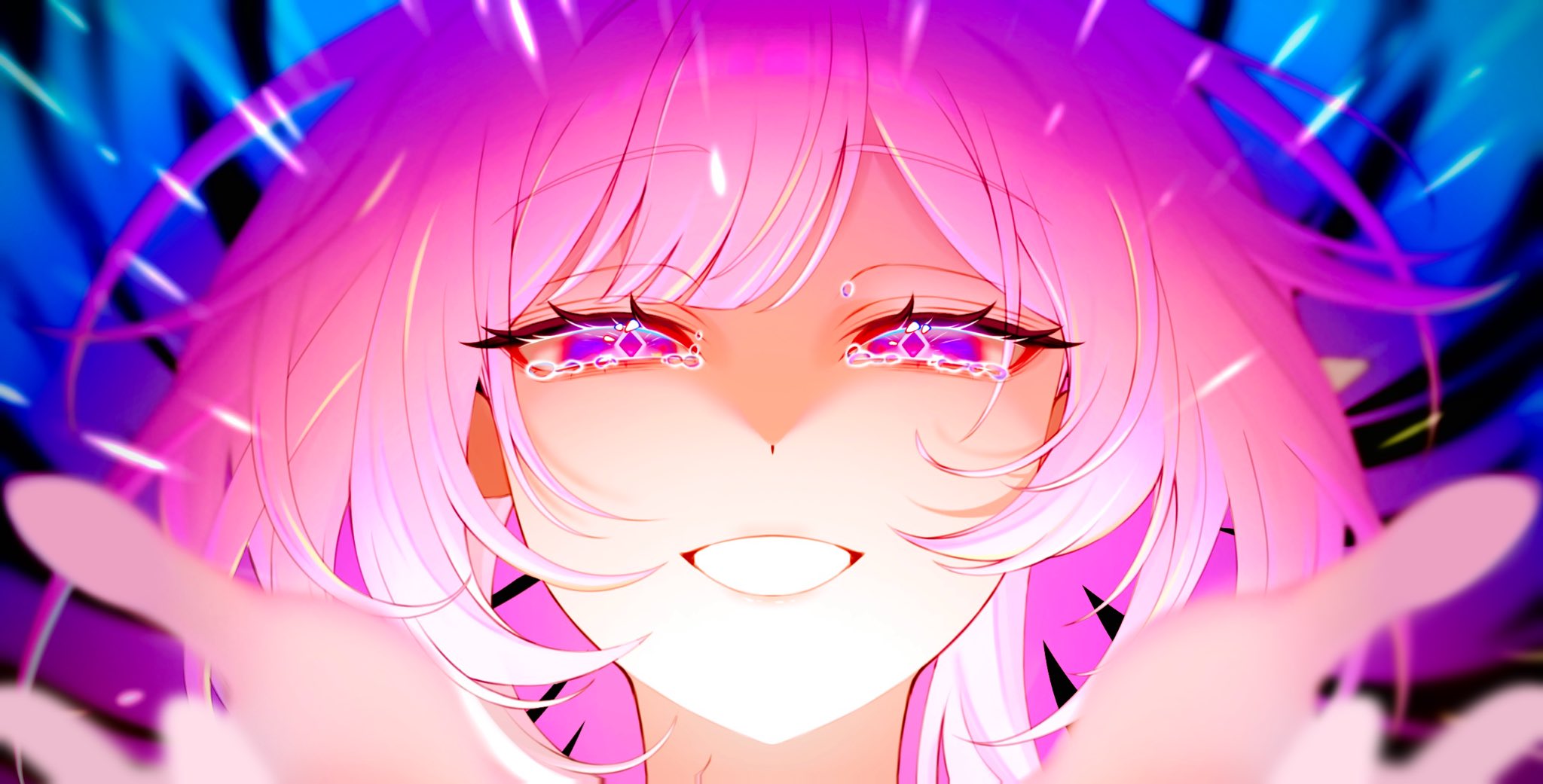 cyrene (honkai: star rail), cyrene (ripples of past reverie) (honkai: star rail), honkai: star rail, honkai (series), hashtag-only commentary, highres, 1girl, diamond-shaped pupils, diamond (shape), long hair, looking at viewer, pink hair, pointy ears, portrait, purple eyes, reaching, reaching towards viewer, smile, solo, symbol-shaped pupils, taninumeo