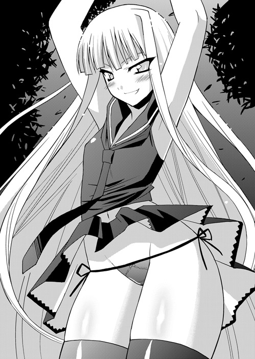 utamaro, evangeline a.k. mcdowell, mahou sensei negima!, negima!?, 00s, armpits, clothes lift, flat chest, greyscale, long hair, monochrome, panties, school uniform, serafuku, side-tie panties, skirt, skirt lift, solo, thighhighs, thighs, underwear, vampire, very long hair