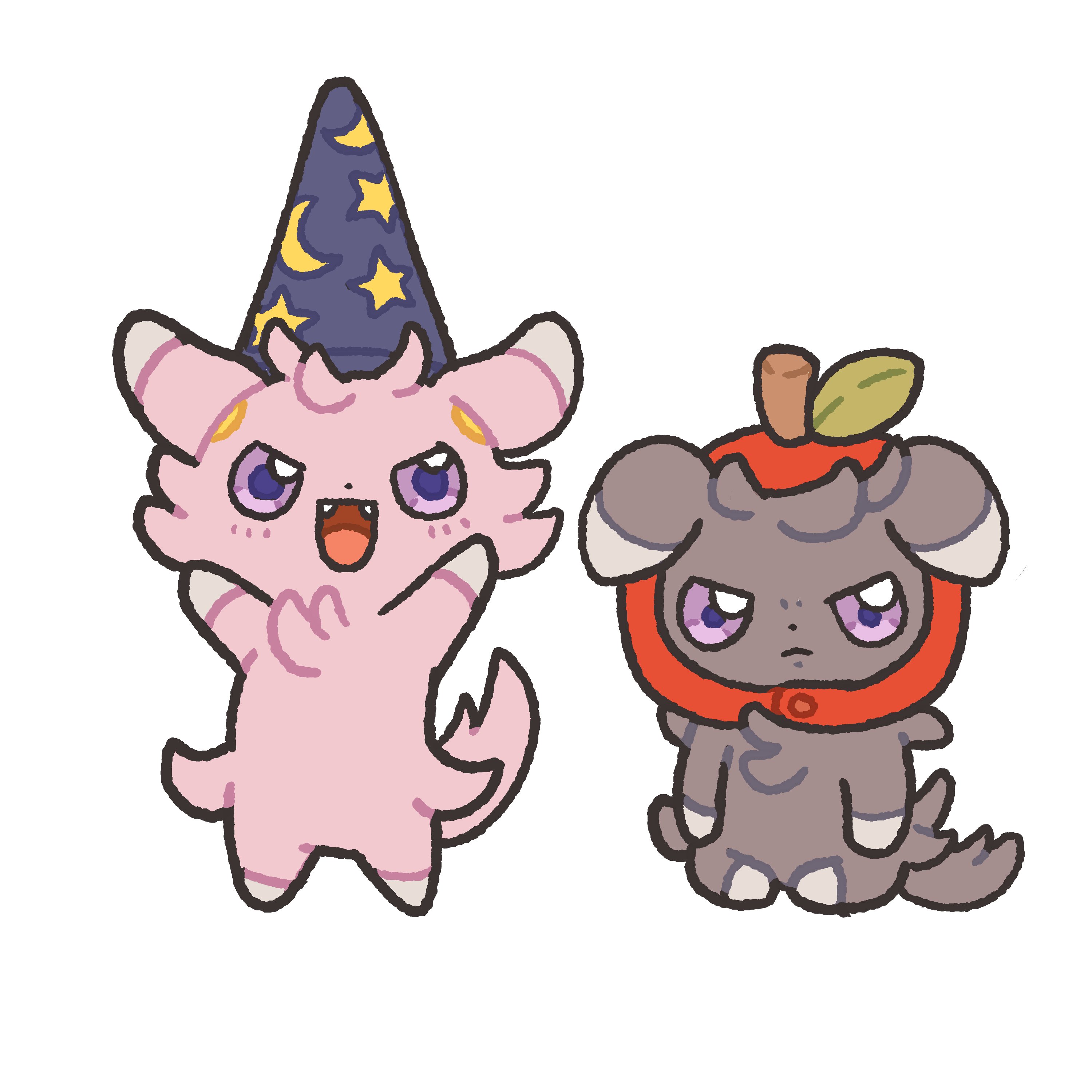 lozyrosie, espurr, nintendo, pokemon, absurdres, commentary, english commentary, highres, alternate color, arms up, fangs, food-themed hat, fruit hat, full body, gen 6 pokemon, hat, jitome, no humans, open mouth, pokemon (creature), purple eyes, shiny pokemon, sitting, smile, wizard hat