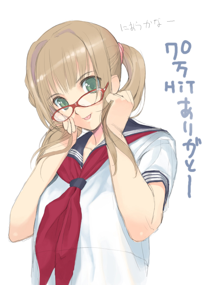 mibu natsuki, original, :p, glasses, school uniform, serafuku, sketch, solo, tongue, tongue out, twintails