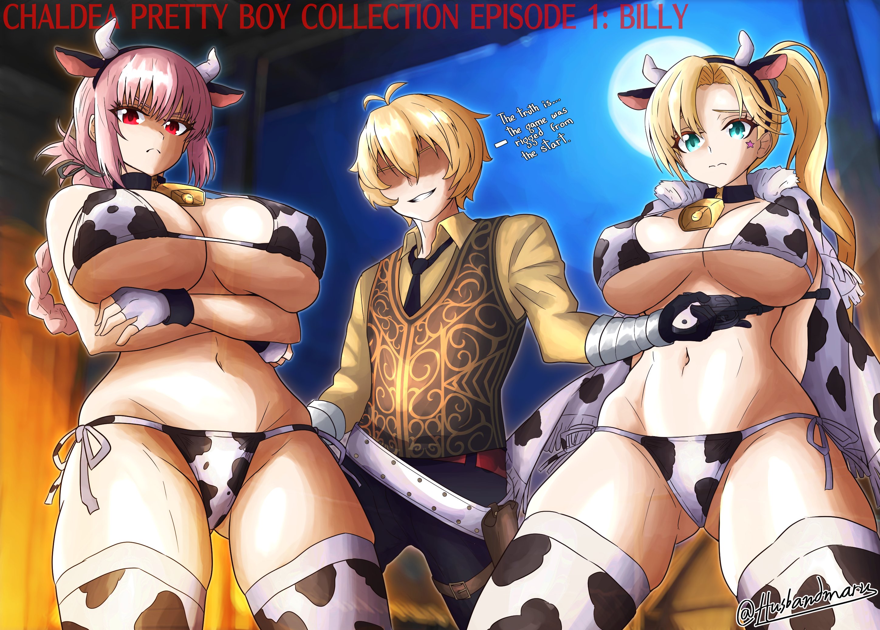 husbandmaru, billy the kid (fate), calamity jane (fate), florence nightingale (fate), fallout, fallout: new vegas, fate/grand order, fate (series), highres, animal ears, animal print, bikini, blonde hair, cow ears, cow horns, cow print, cow print bikini, gun, handgun, holding, holding gun, holding weapon, horns, pink hair, print bikini, red eyes, revolver, signature, smug, swimsuit, weapon