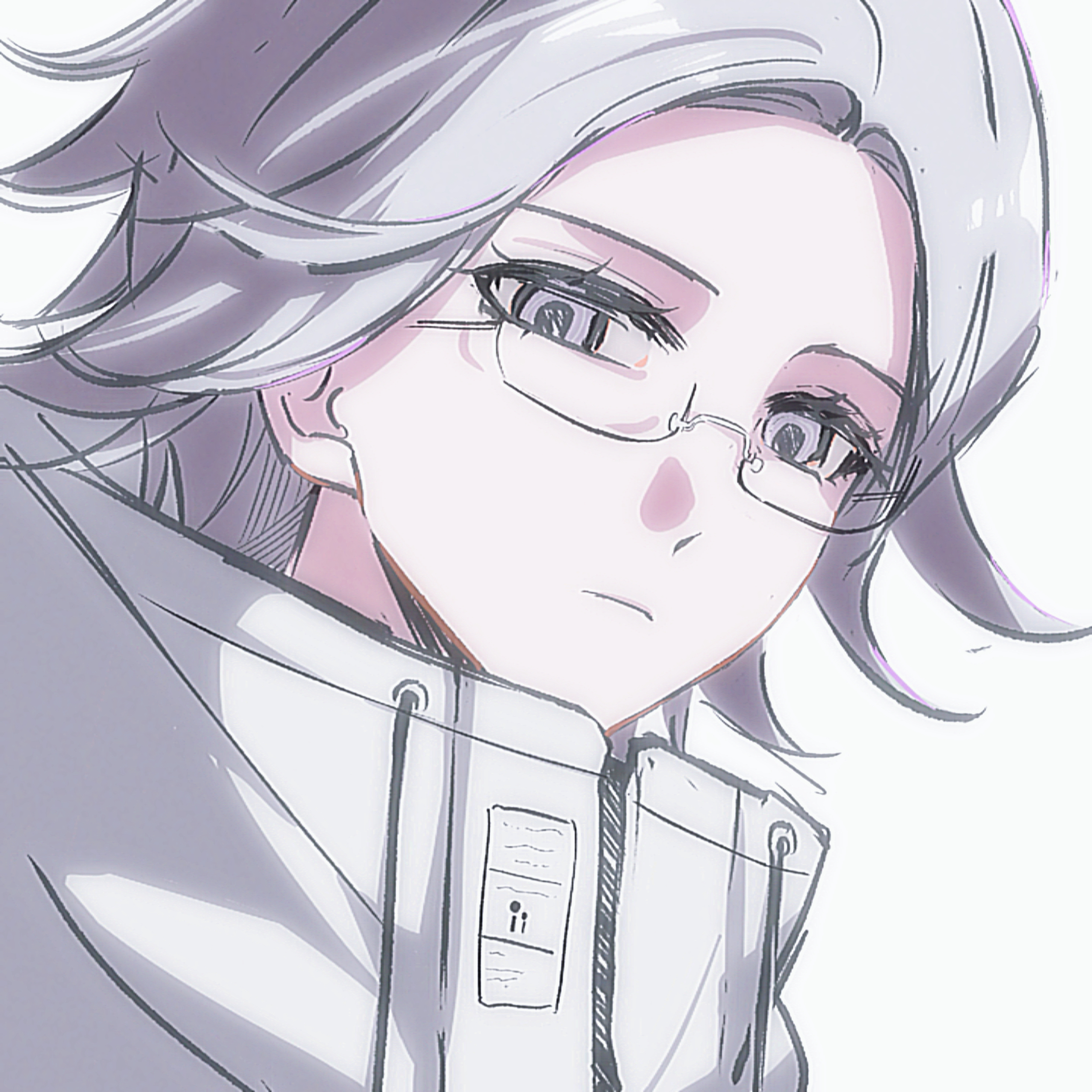 aotsuki eito, the hundred line -last defense academy-, absurdres, highres, 1boy, closed mouth, drawstring, forehead, glasses, grey eyes, grey hair, high collar, jacket, male focus, portrait, rectangular eyewear, semi-rimless eyewear, short hair, simple background, solo, tangshuiqin, white background, white jacket