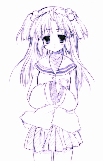 sen (astronomy), ichinose kotomi, clannad, 00s, 1girl, female focus, hair bobbles, hair ornament, monochrome, school uniform, serafuku, solo, two side up