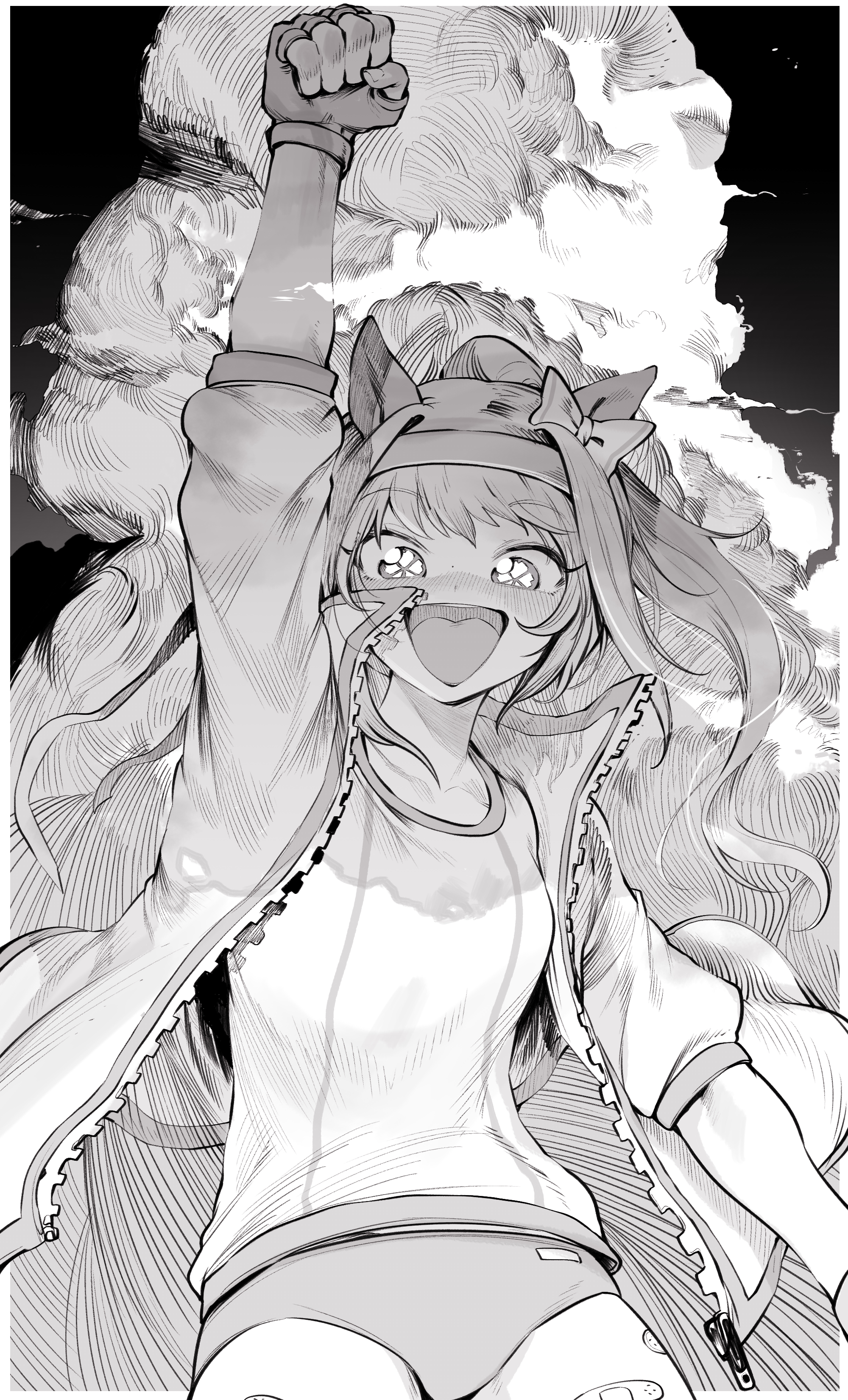 niwarhythm, haru urara (umamusume), umamusume, absurdres, commentary, highres, 1girl, animal ears, arm up, blush, bow, buruma, clenched hand, fingerless gloves, gloves, greyscale, gym shirt, gym uniform, hair bow, headband, horse ears, horse girl, jacket, long hair, looking at viewer, monochrome, open clothes, open jacket, ponytail, shirt, smile, solo, track jacket