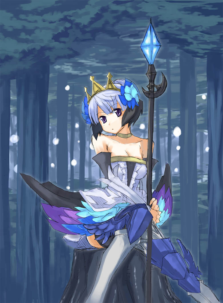 regu (reg95), gwendolyn (odin sphere), odin sphere, 1girl, armor, armored dress, blue background, dress, female focus, multicolored wings, solo, strapless, strapless dress, wings