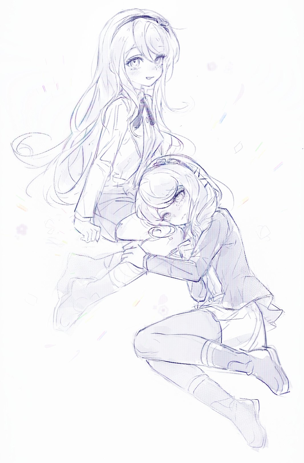 kashimiya karua, kirifuji nozomi, the hundred line -last defense academy-, highres, 2girls, boots, braid, closed mouth, full body, hair ornament, hairband, hairclip, hand on another's leg, jacket, lap pillow, long hair, long sleeves, mitang684561, monochrome, multiple girls, open clothes, open jacket, pantyhose, side braid, simple background, single braid, sitting, skirt, smile, tears, very long hair, white background