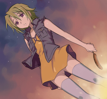 maruto!, ellis, ellis (el cazador de la bruja), el cazador de la bruja, lowres, 00s, 1girl, blonde hair, corn dog, dress, female focus, fire, flat chest, night, no panties, purple eyes, short hair, sleeveless, solo, star (symbol), thighhighs, vest, zettai ryouiki