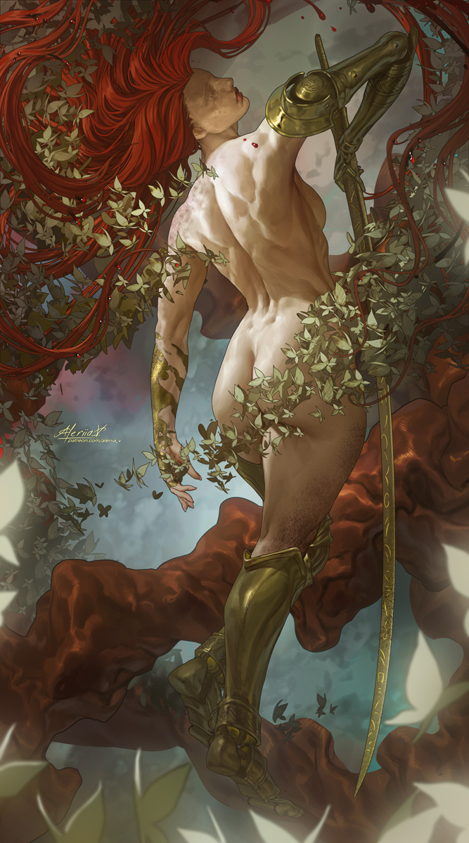 aleriia v, malenia blade of miquella, malenia goddess of rot, elden ring, highres, 1girl, amputee, ass, back, back muscles, backboob, breasts, bug, butterfly, floating, golden sword, head back, head tilt, insect, long hair, mechanical arms, nude, prosthesis, prosthetic arm, prosthetic leg, red hair, single mechanical arm, solo, sword, too many, too many butterflies, triple amputee, very long hair, weapon