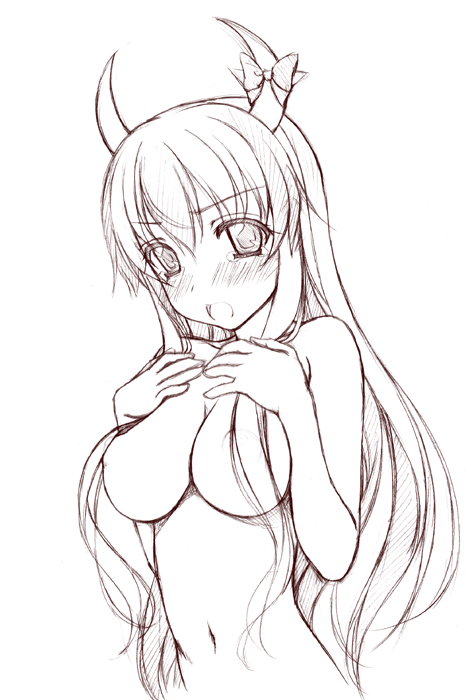 sin-go, ex-keine, kamishirasawa keine, touhou, 1girl, blush, bow, breast suppress, breasts, censored, completely nude, convenient censoring, female focus, hair censor, hair over breasts, horn ornament, horn ribbon, horns, large breasts, long hair, monochrome, nude, open mouth, ribbon, see-through clothes, sketch, solo, tears, topless frame, upper body, white background