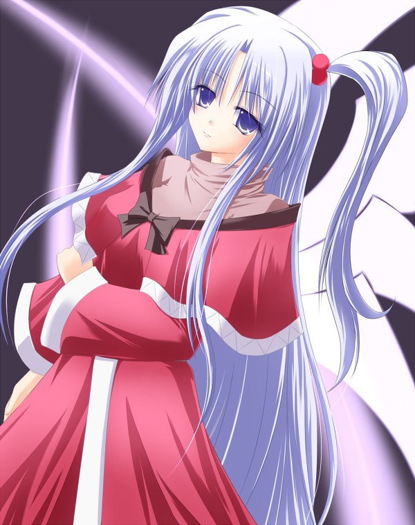 shirotsuki kouta, shinki (touhou), mystic square, touhou, touhou (pc-98), eyebrows, silver hair, 1girl, bow, capelet, dress, female focus, grey eyes, hair bobbles, hair ornament, long sleeves, multiple wings, one side up, red dress, side ponytail, solo, wings
