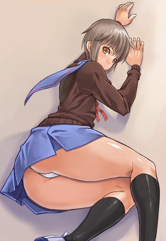nagase haruhito, nagato yuki, suzumiya haruhi no yuuutsu, 00s, 1girl, ass, cardigan, female focus, lying, on side, panties, pantyshot, school uniform, serafuku, shiny skin, solo, thighs, underwear