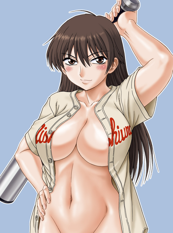 misnon the great, momoe maria, ookiku furikabutte, uniform, 00s, 1girl, baseball, baseball bat, bottomless, breasts, brown eyes, brown hair, female focus, huge breasts, long hair, no bra, open clothes, open shirt, shirt, solo