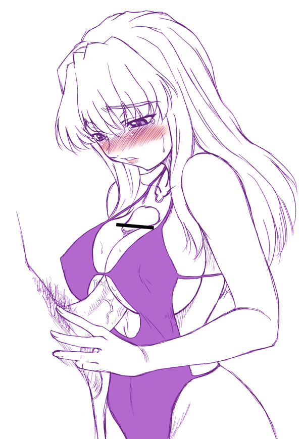 misnon the great, shizuru viola, my-otome, 00s, 1girl, blush, breasts, casual one-piece swimsuit, censored, cleavage cutout, clothing cutout, covered erect nipples, lipstick, makeup, one-piece swimsuit, paizuri, penis, solo focus, spot color, sweat, swimsuit, tears