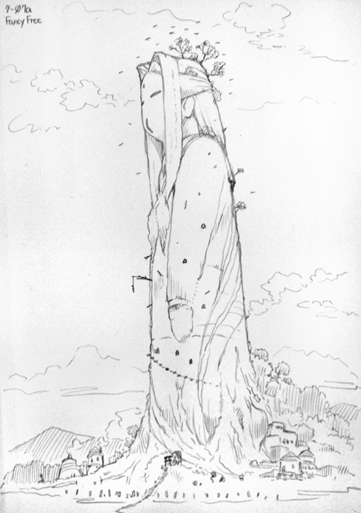 sameha ikuya, hosokawa kanako, maria-sama ga miteru, traditional media, 00s, 1girl, female focus, greyscale, monochrome, solo, statue, torii, tower, village