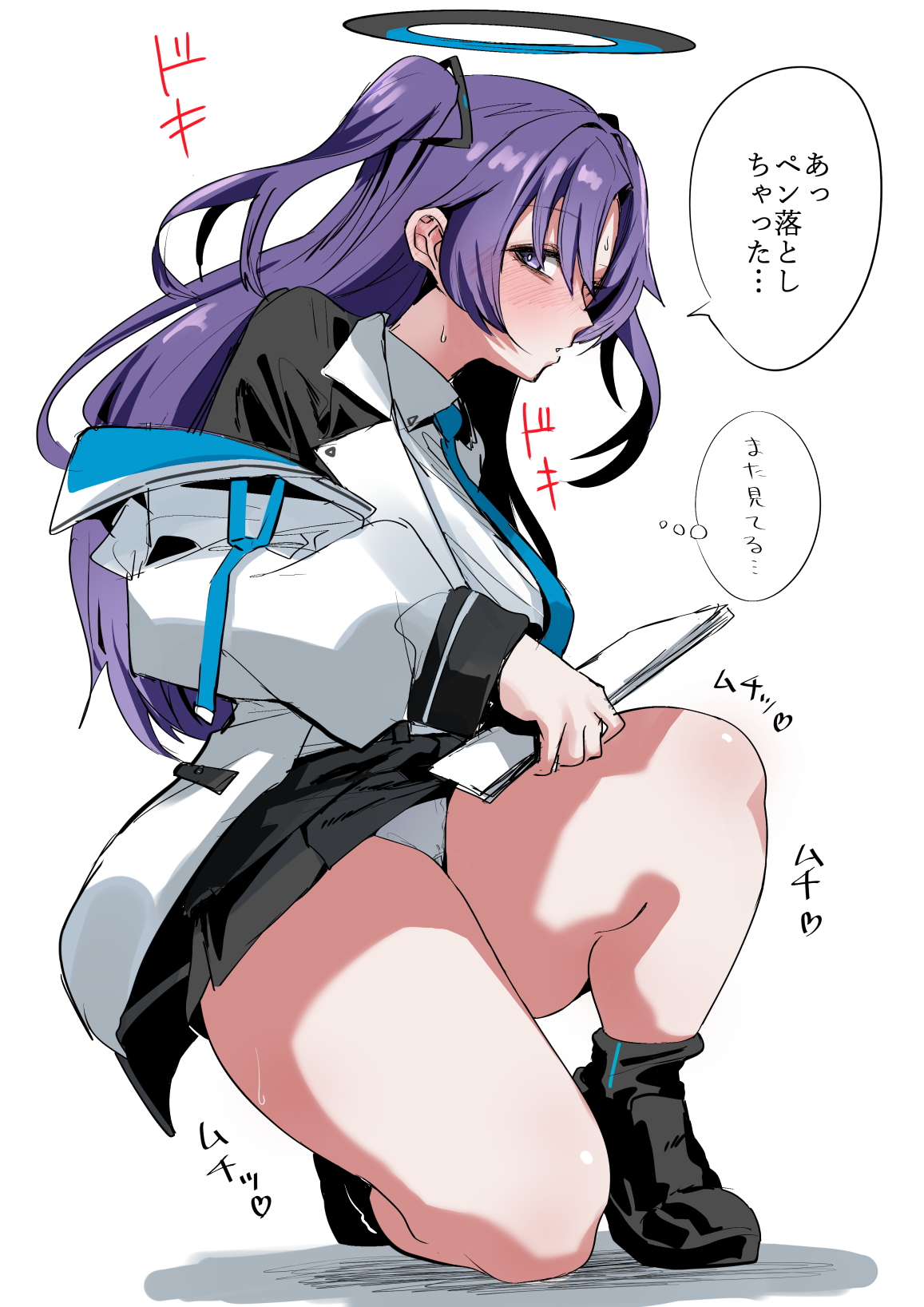ricochet-gou, yuuka (blue archive), blue archive, commentary request, highres, translation request, black shoes, black skirt, blue necktie, breasts, full body, hair ornament, halo, holding, holding paper, jacket, long hair, looking at viewer, necktie, off shoulder, panties, paper, purple eyes, purple hair, shirt, shoes, simple background, skirt, sweat, thighs, two side up, underwear, white background, white panties, white shirt