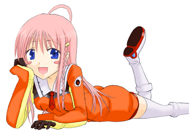 saki chisuzu, nono (top wo nerae 2!), top wo nerae! (series), top wo nerae 2!, + +, 00s, 1girl, :d, ahoge, blue eyes, braid, cross-shaped pupils, female focus, hair ornament, hairclip, long hair, long sleeves, lying, necktie, on stomach, open mouth, pink hair, romper, simple background, smile, solo, symbol-shaped pupils, thighhighs, white background, white thighhighs