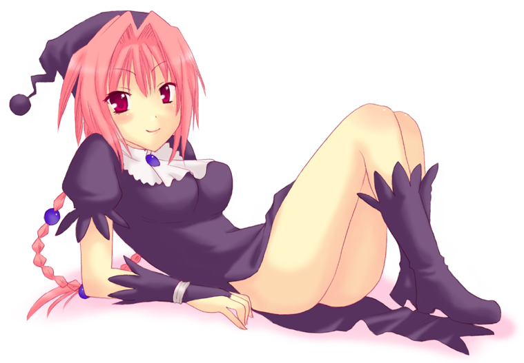saki chisuzu, dorothy (marchen awakens romance), marchen awakens romance, 1girl, ascot, ass, blush, boots, braid, breasts, bridal gauntlets, brooch, closed mouth, dress, female focus, full body, hair intakes, hair ornament, hat, jewelry, lace, long hair, lying, medium breasts, no panties, on back, pink hair, puffy short sleeves, puffy sleeves, red eyes, short sleeves, side slit, smile, solo, twin braids, upskirt, white background, witch
