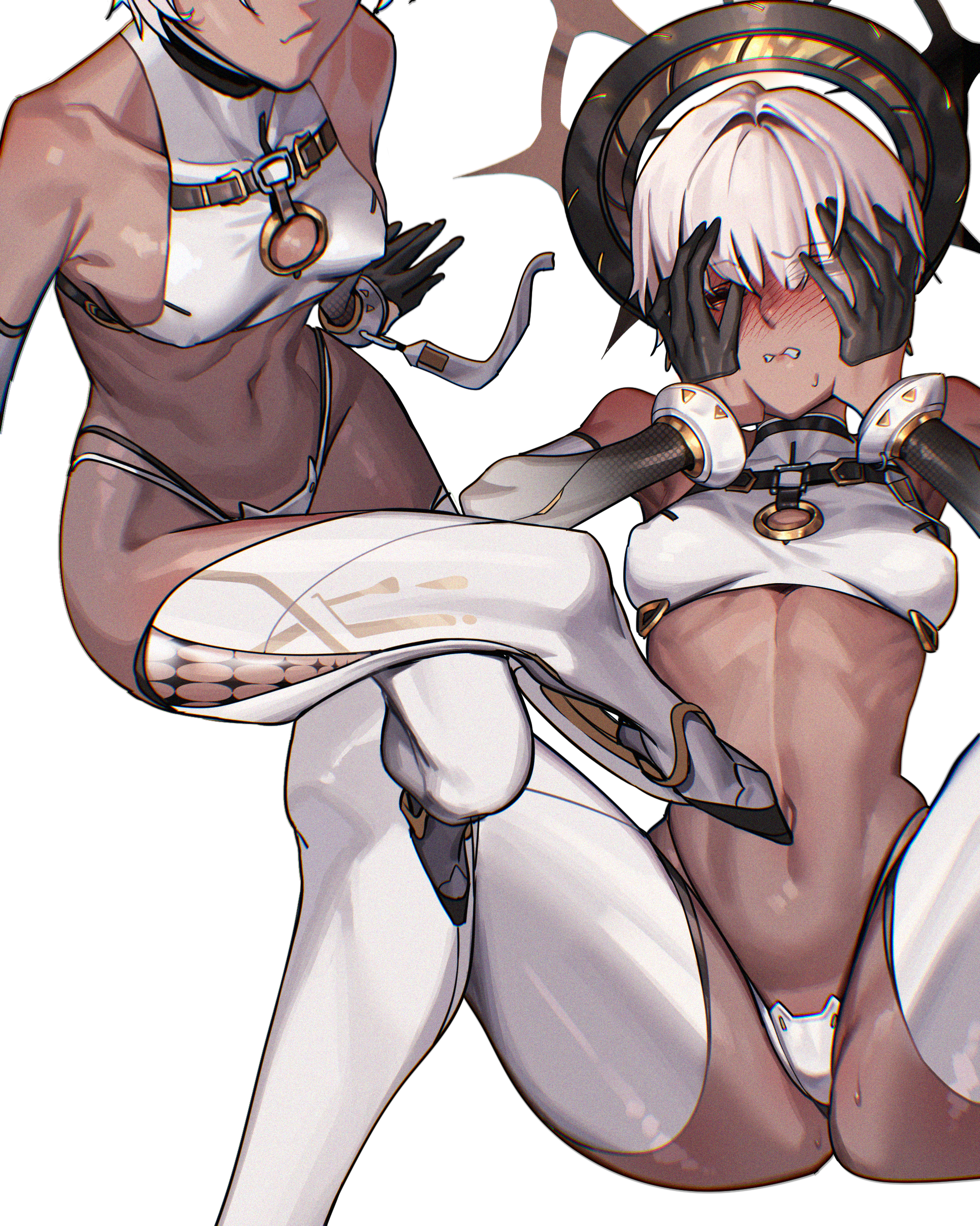 eternity (nikke), goddess of victory: nikke, absurdres, commentary, highres, 1girl, above-cleavage cutout, bare shoulders, bikini, black gloves, blush, boots, breasts, closed eyes, clothing cutout, collarbone, covered collarbone, covered erect nipples, dark-skinned female, dark skin, detached sleeves, gloves, groin, hair between eyes, half gloves, halo, hands on own face, mechanical halo, mikan cha (mikan62), multi-strapped bikini bottom, multiple views, navel, nose blush, parted lips, short hair, sidelocks, simple background, sitting, skindentation, small breasts, stomach, sweat, swimsuit, thigh boots, toned, toned female, wedge heels, white background, white bikini, white boots, white hair, white sleeves