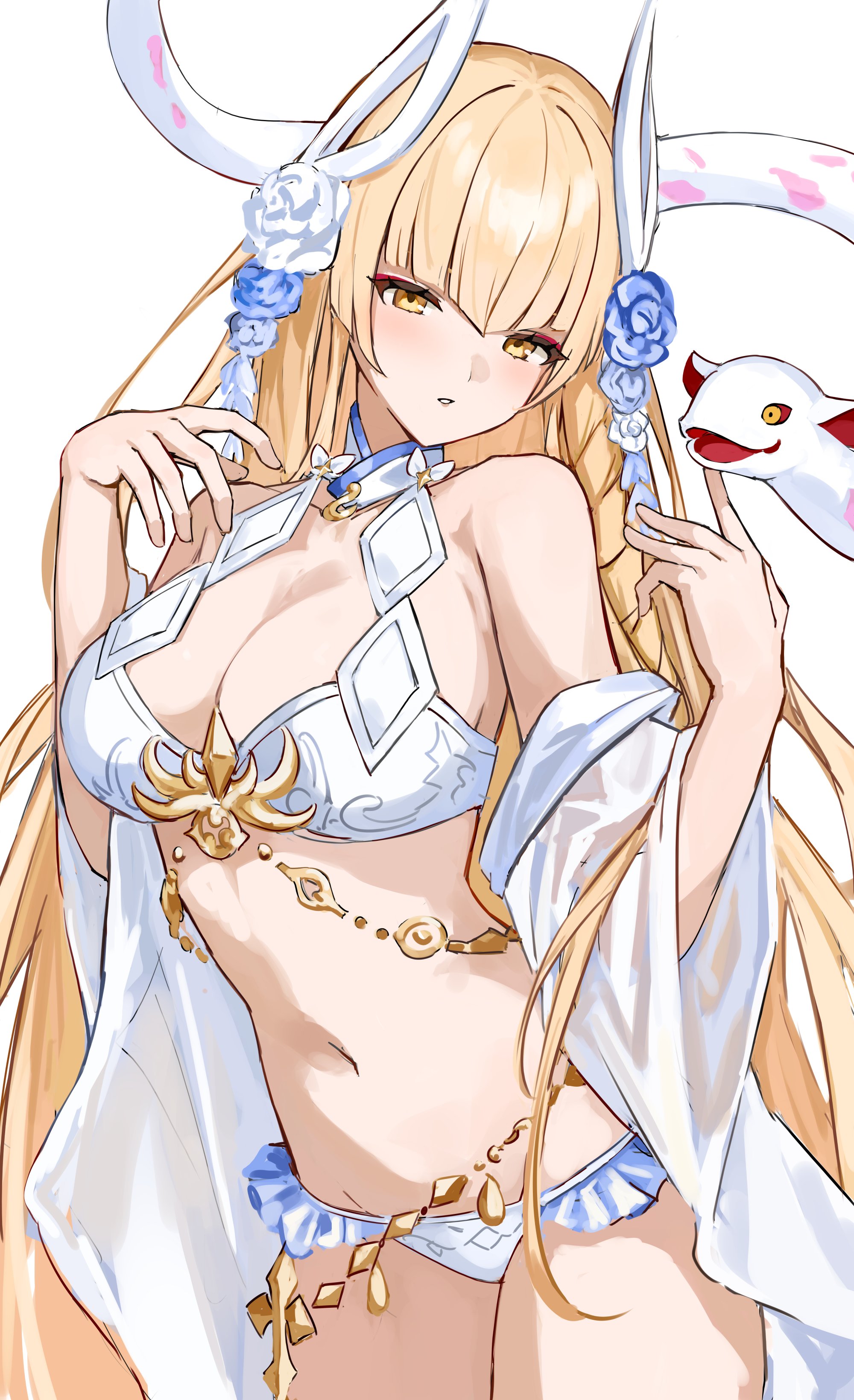 shiro wa (shiroshironix), indala (granblue fantasy), granblue fantasy, absurdres, commentary request, highres, 1girl, 1other, arms up, bare shoulders, belly chain, bikini, blonde hair, blue flower, blue rose, body jewelry, breasts, chain, collared bikini, cowboy shot, detached sleeves, eyeliner, flower, frilled bikini, frills, gold chain, hair between eyes, hair flower, hair ornament, jewelry, large breasts, light blush, long hair, long sleeves, looking at viewer, makeup, navel, official alternate costume, parted lips, red eyeliner, rose, see-through clothes, see-through sleeves, sidelocks, snake, solo, stomach, swimsuit, thighs, v-bangs, very long hair, white background, white bikini, white flower, white rose, white sleeves, wide sleeves, yellow eyes