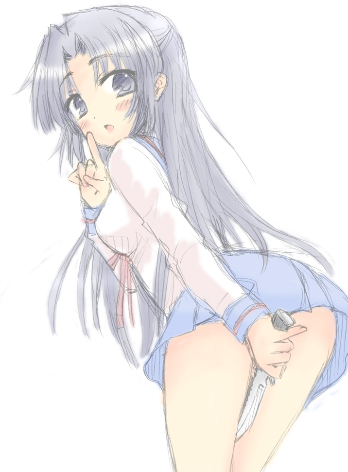 saki chisuzu, asakura ryoko, suzumiya haruhi no yuuutsu, 00s, 1girl, :o, ass, blue eyes, blue hair, blue skirt, blush, cowboy shot, dagger, female focus, holding, holding sword, holding weapon, index finger raised, knife, leaning forward, long hair, matching hair/eyes, open mouth, pleated skirt, sailor collar, school uniform, serafuku, shirt, simple background, skirt, solo, standing, sword, upskirt, weapon, white background, white shirt